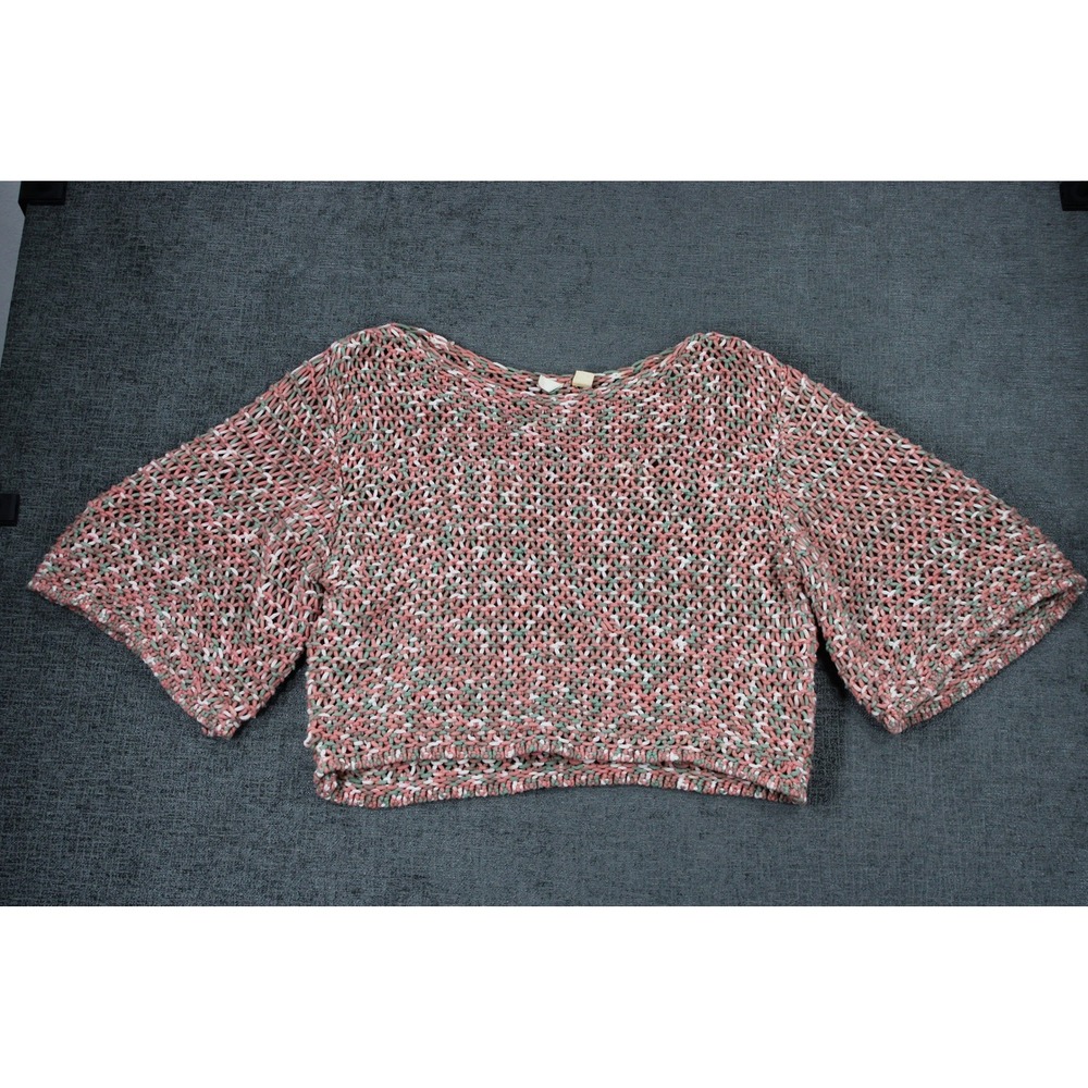 Moth Anthropologie Womens Medium Pink Green Open Knit Cropped Sweater Pullover